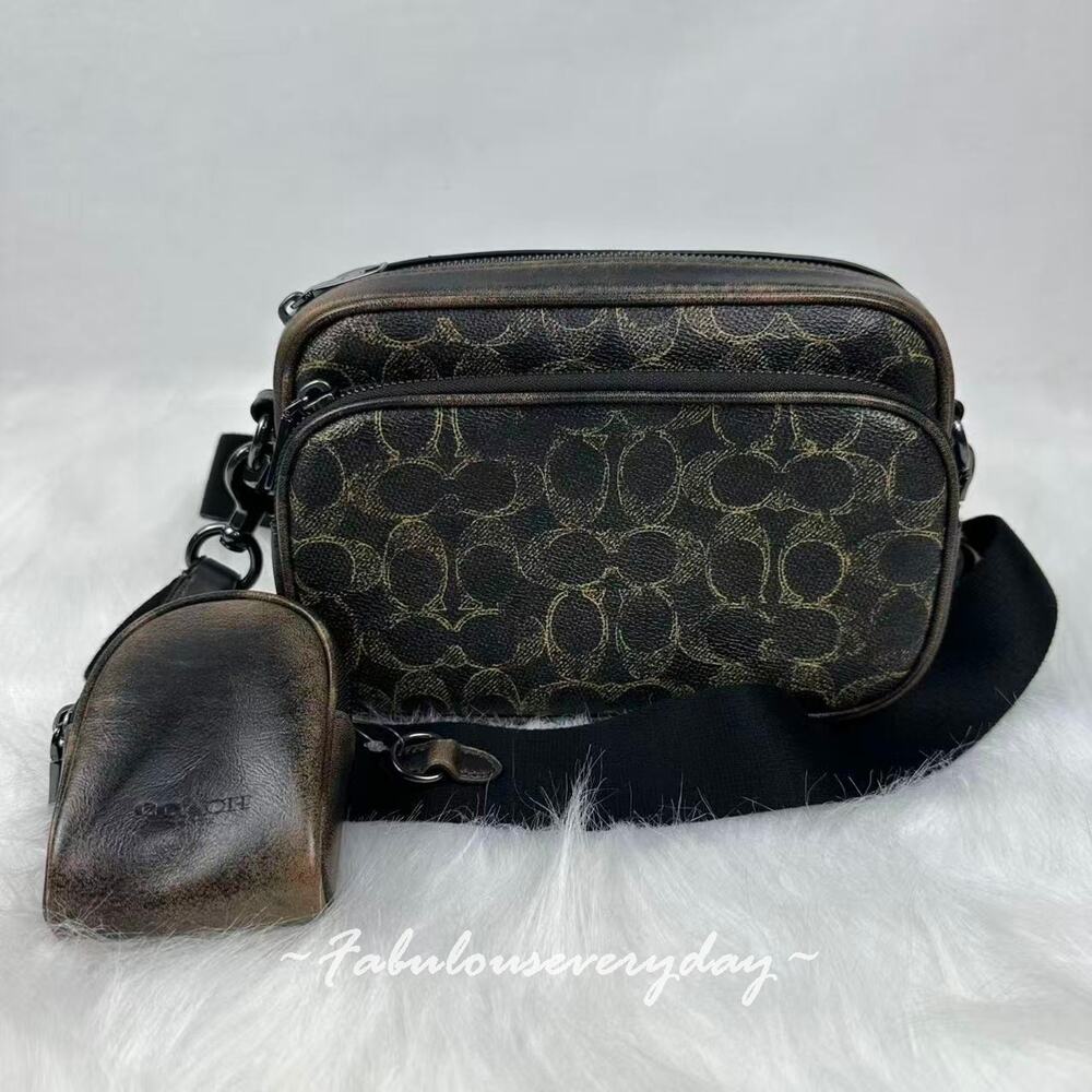 Coach Men's Finlay Crossbody Bag In Loved Signature Canvas Brown CEA89 NWT